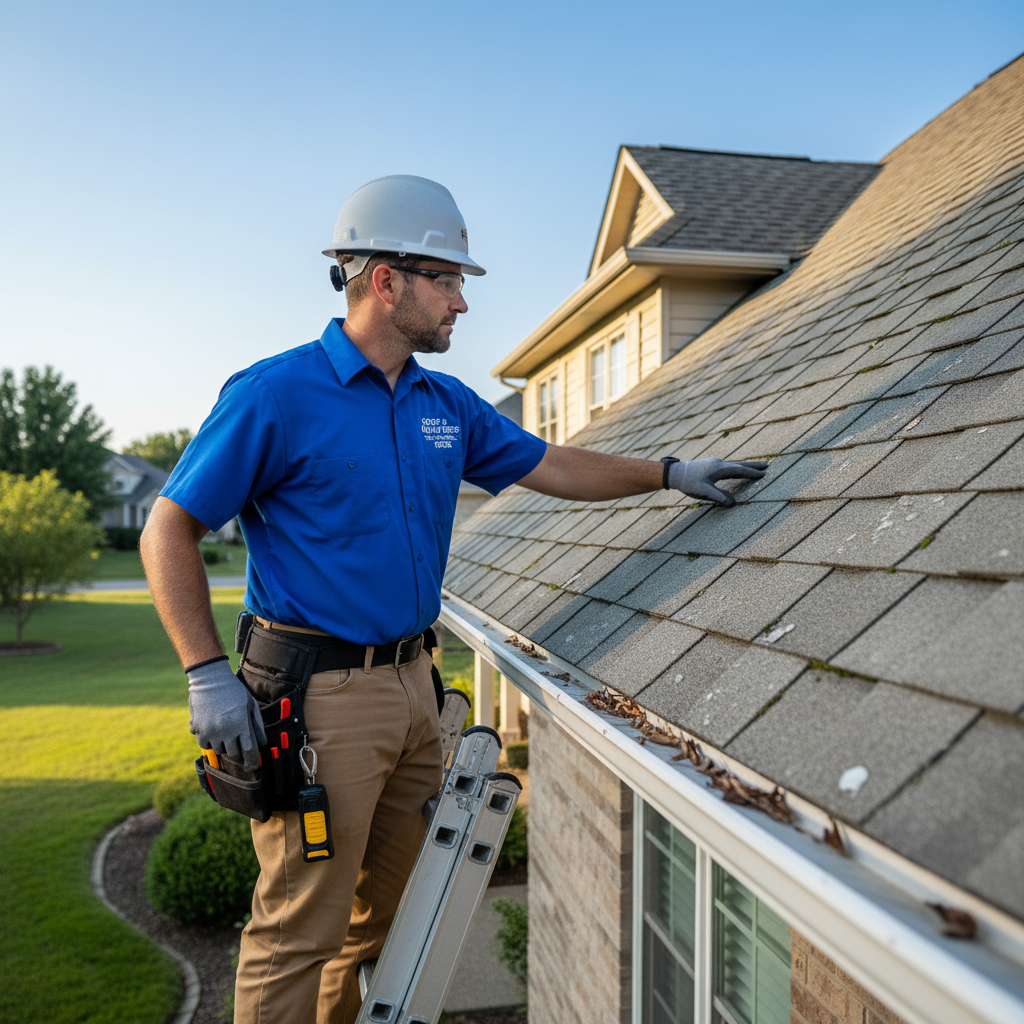 Man in hard hat on ladder measures gutter with tape, outdoors.