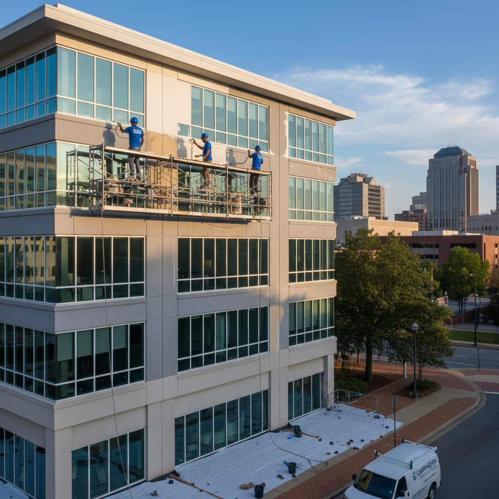 Workers on ladders repairing a light yellow apartment building roof on a sunny day. A car and truck are nearby.