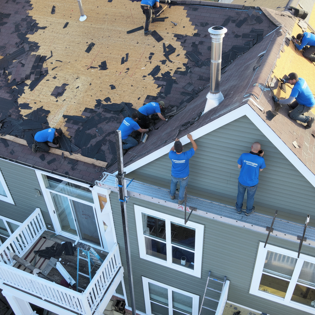 Roofer hammers metal roof panel on a cloudy day, wearing a hard hat, gloves, and tool belt.