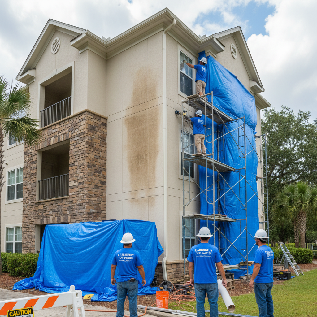 Construction workers on scaffolding repairing a multi-story building. Tarps cover the work area.