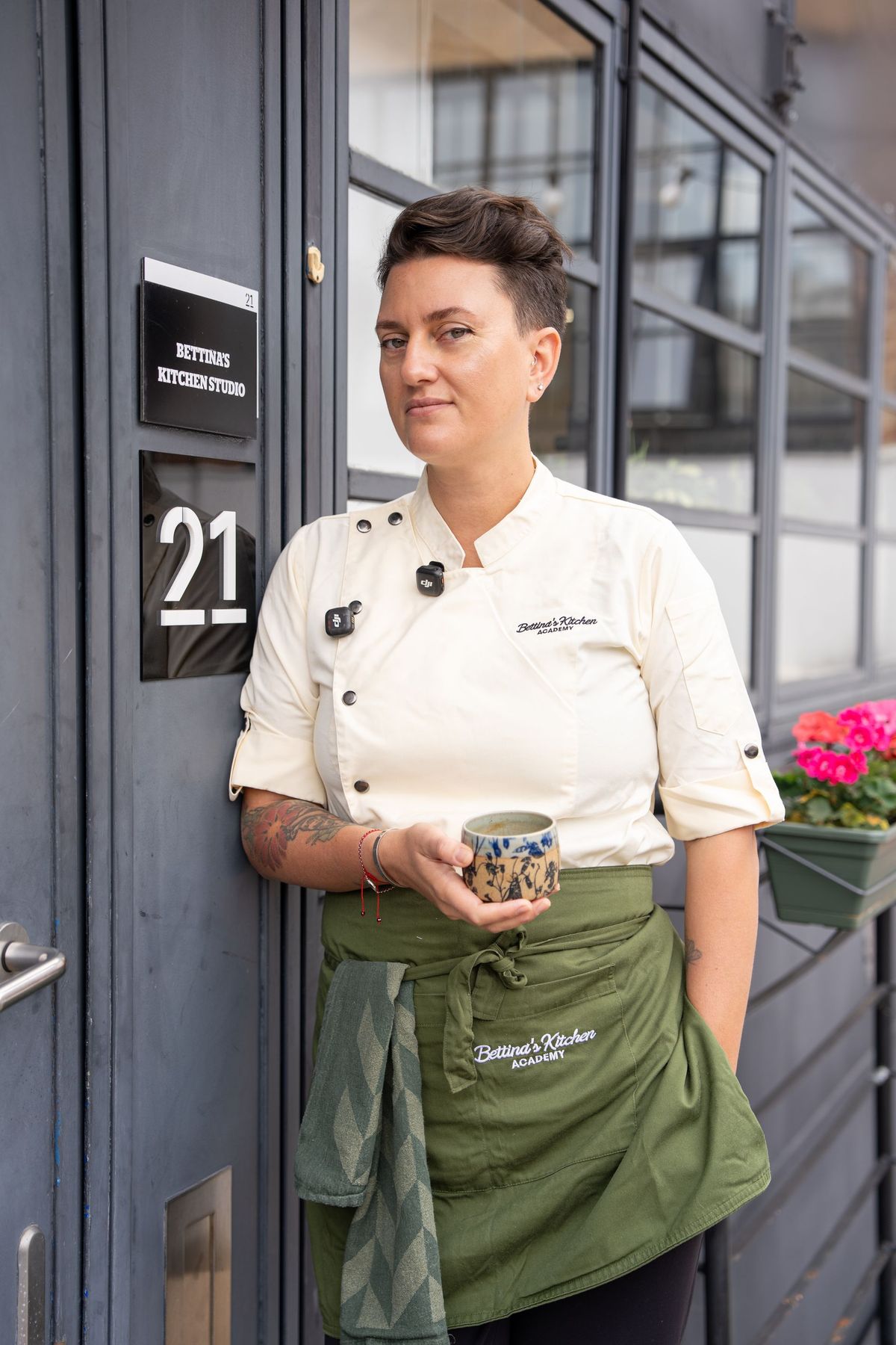 Bettina Campolucci Bordi in her Bettina’s Kitchen Academy chef whites outside Bettina’s Kitchen Studio, by REGO Creative