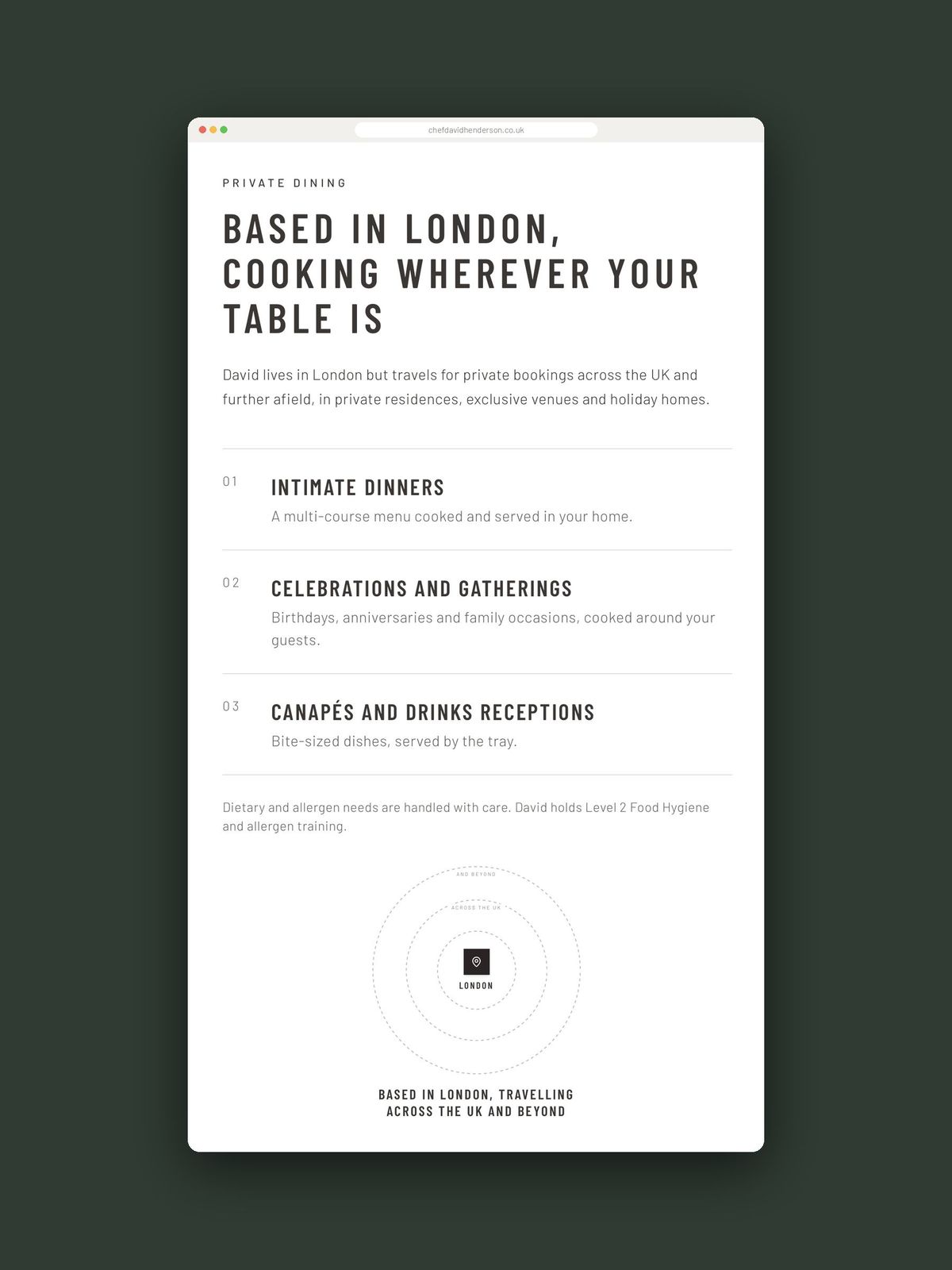 Chef David Henderson private dining website page, by REGO Creative