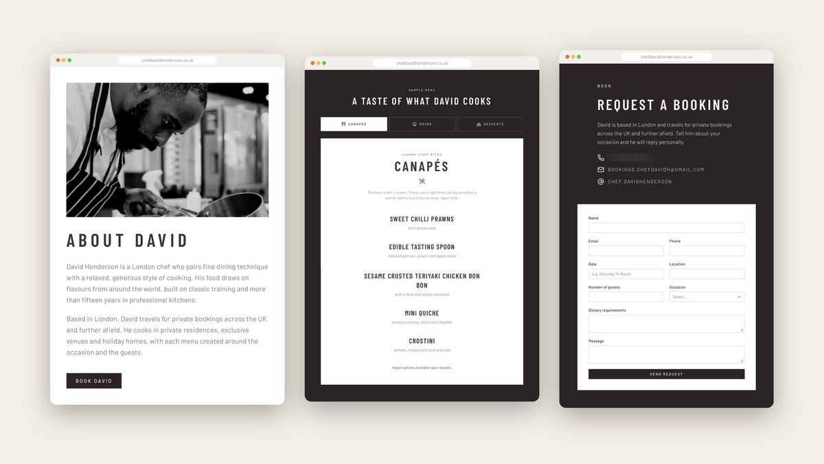 Chef David Henderson website pages, by REGO Creative