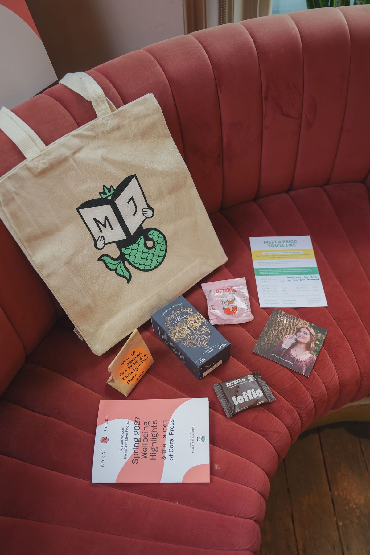 Coral Press launch goody bag with a Penguin Michael Joseph tote and the Spring 2027 Wellbeing Highlights booklet, by REGO Creative