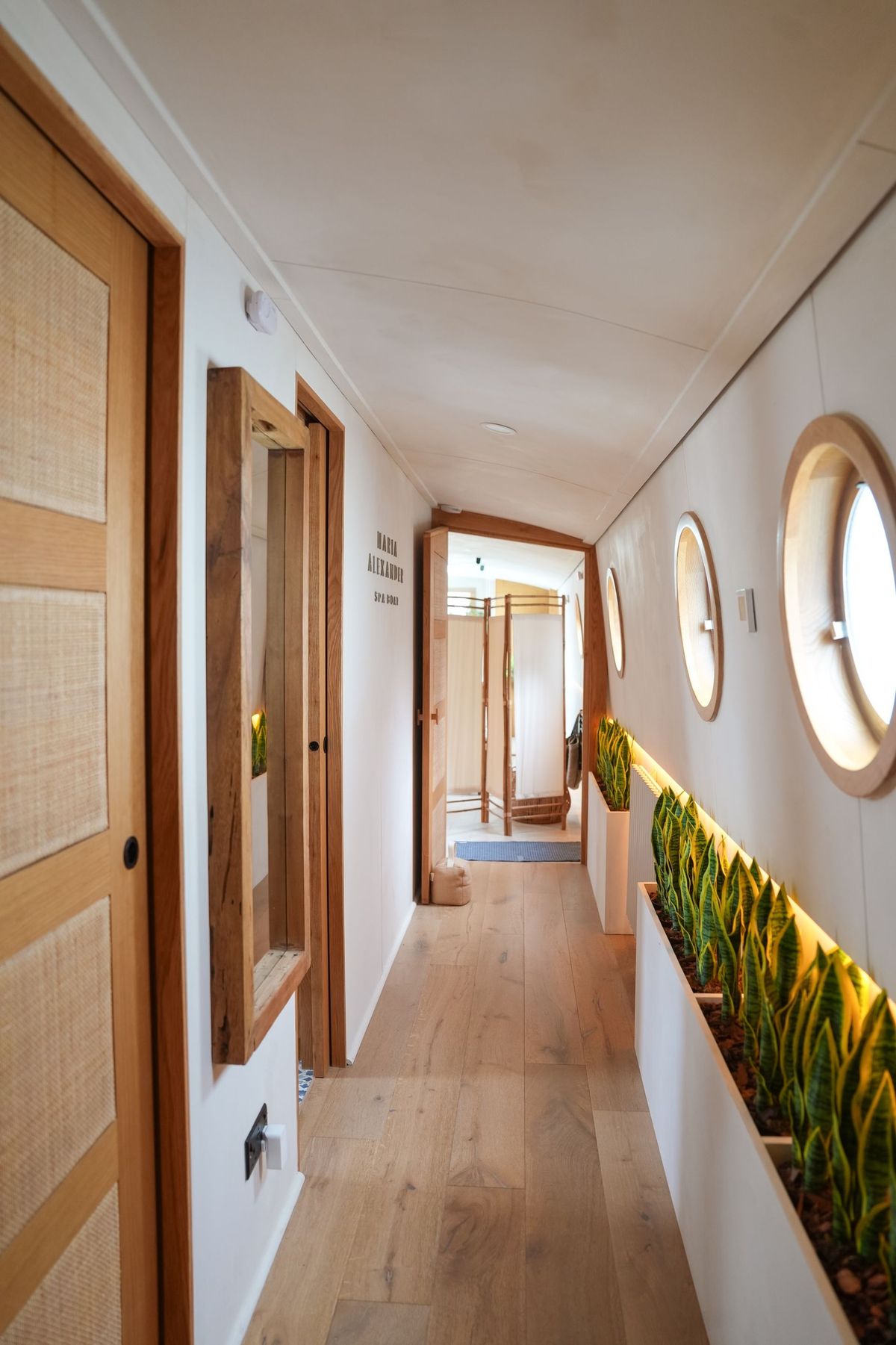 Corridor inside the Maria Alexander Spa Boat in London, by REGO Creative