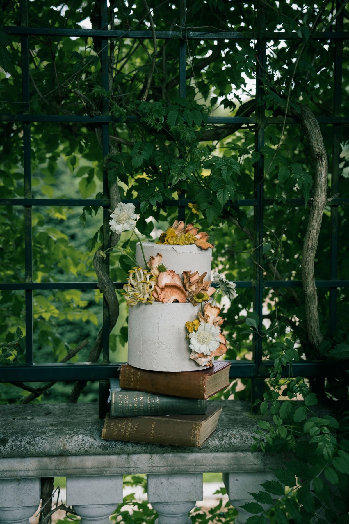Nuun Cakes London two-tier cake with mushrooms and flowers on a stack of vintage books, by REGO Creative