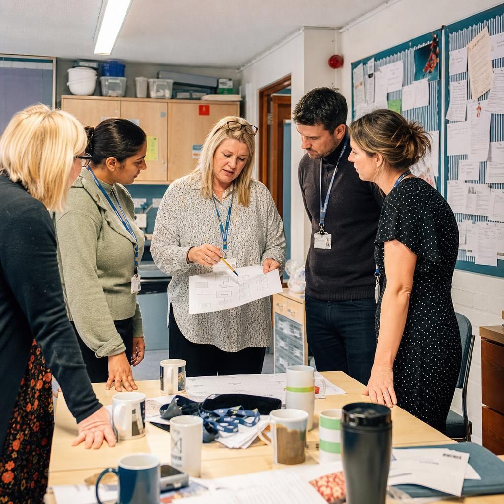 School staff gathered around neurodiversity training materials