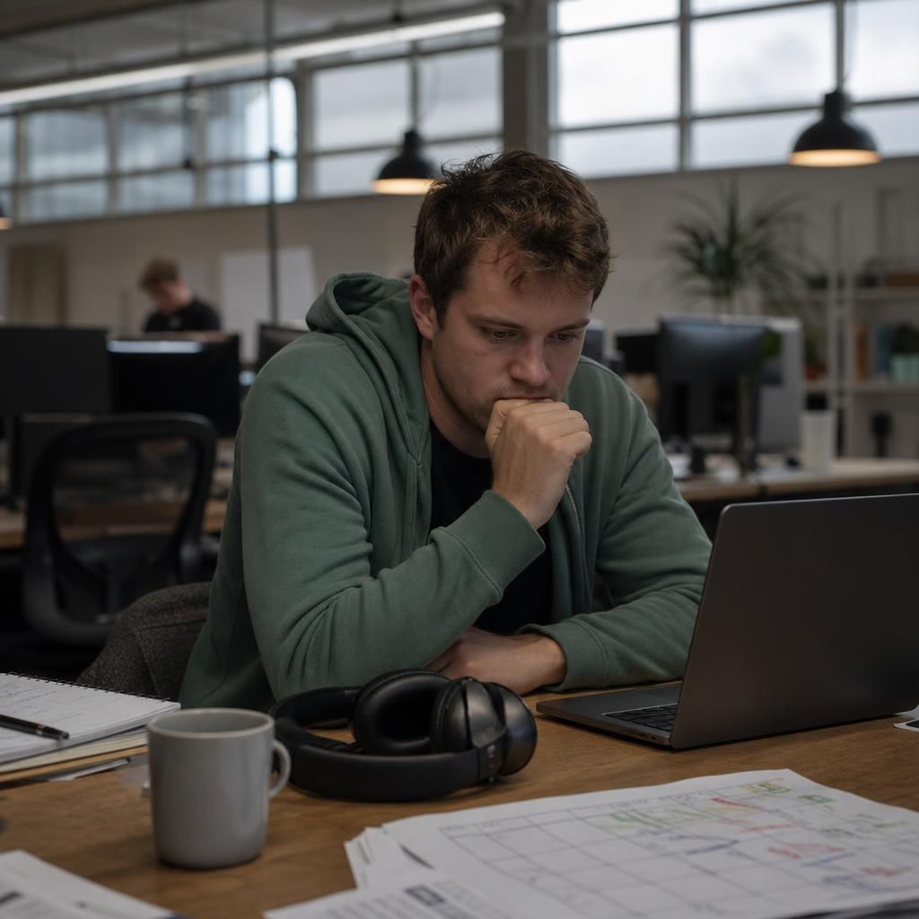 Employee at desk with headphones and notes in office