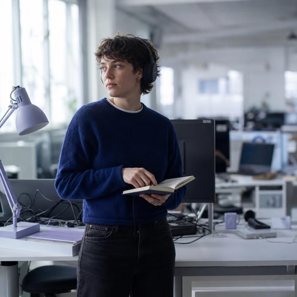 Neurodivergent worker beside cluttered open-plan desk