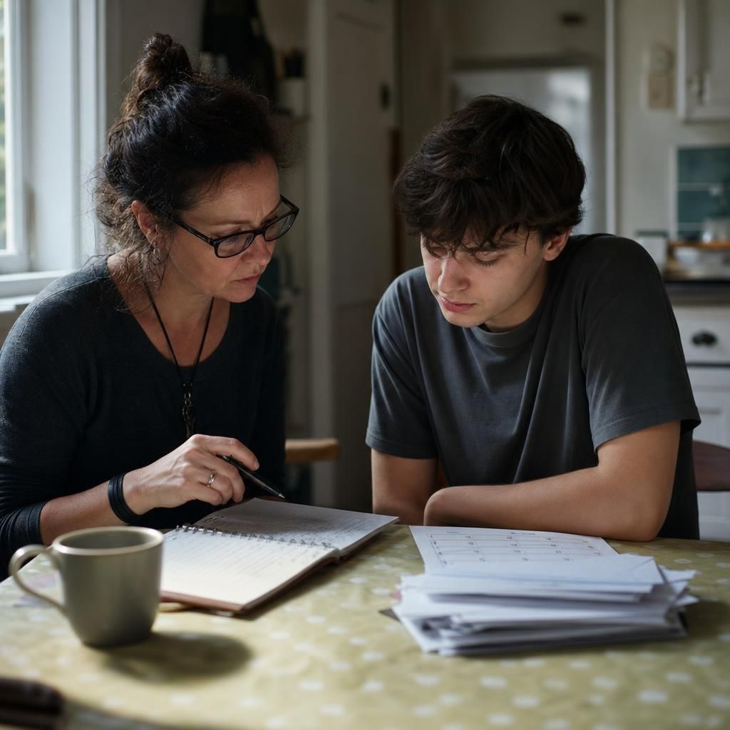 Advocate and young adult reviewing notes at kitchen table