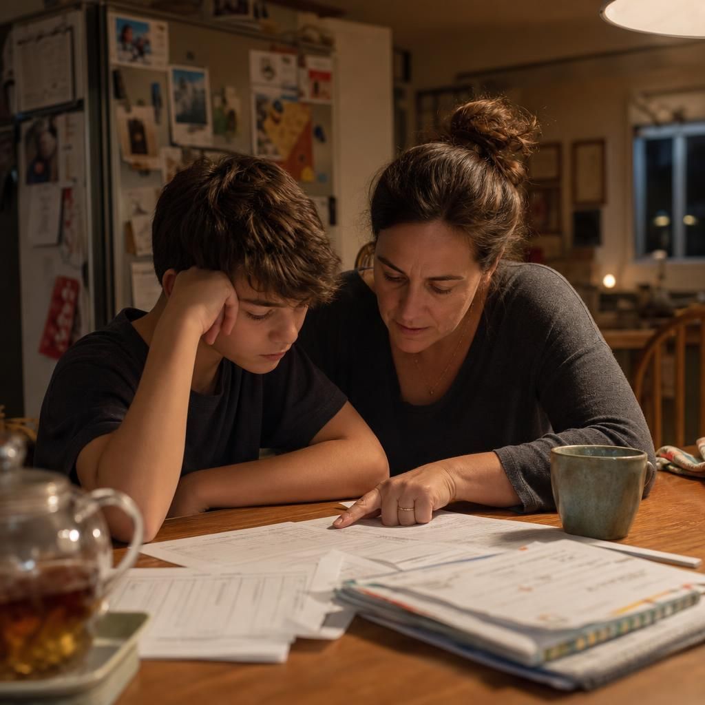 Parent and student reviewing school papers at kitchen table