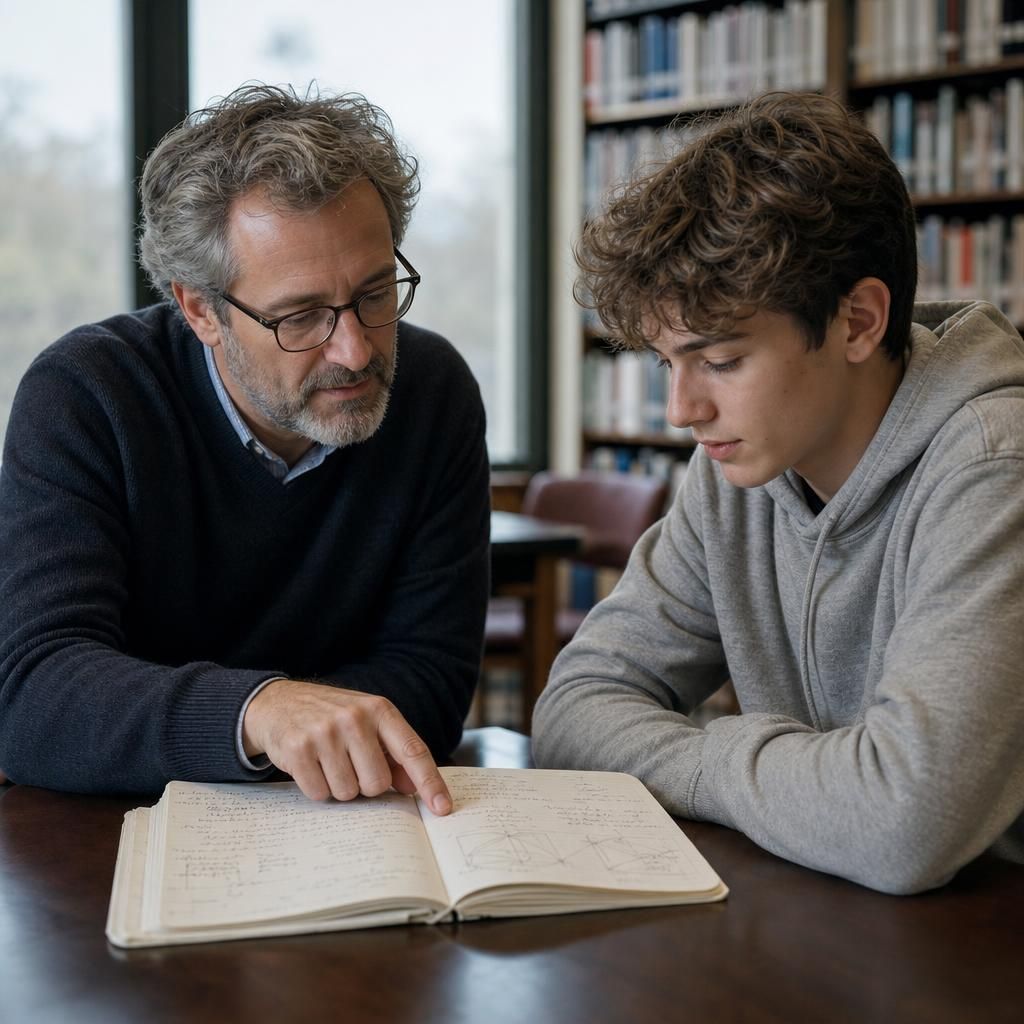 Teacher and student reviewing notes in a library