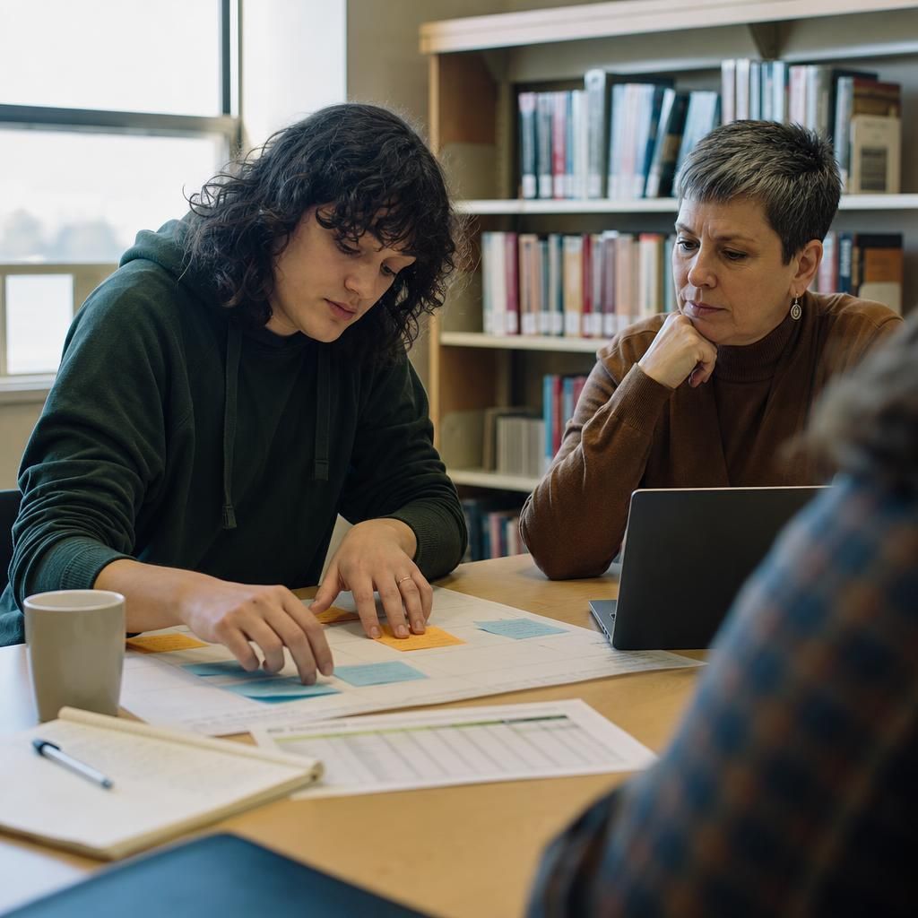 Neurodivergent adult shaping notes in a library meeting room