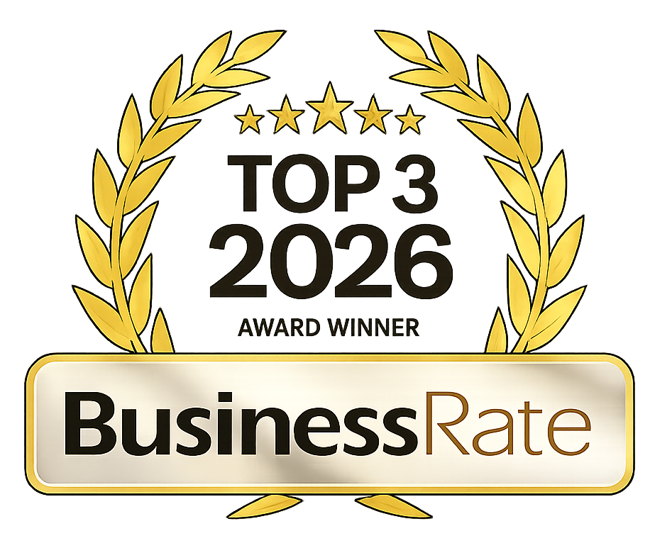BusinessRate Top 3 2026 award winner badge with gold laurel wreath and stars