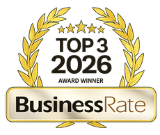 BusinessRate Top 3 2026 award winner badge with gold laurel wreath and stars