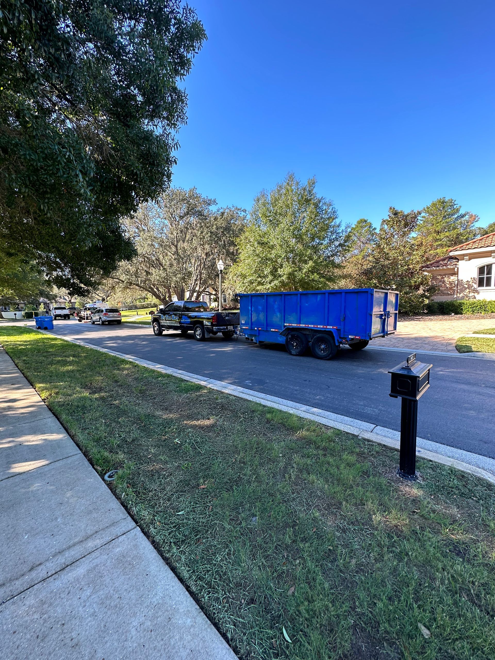 Blue dumpster parked on a residential street beside a black car and tree-lined sidewalk under a clear sky