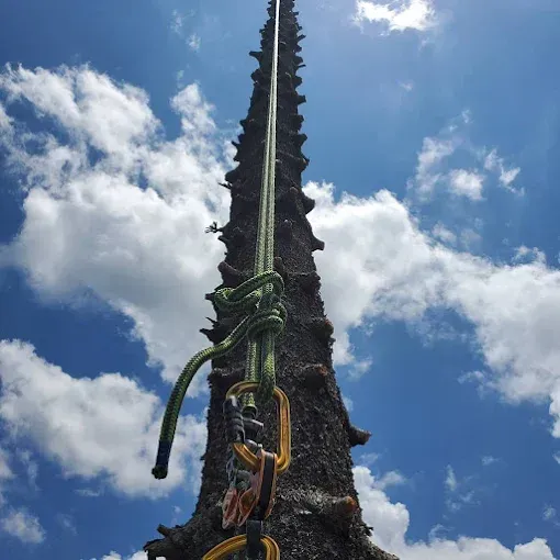 A tall dark spire with colorful climbing holds rises against a blue sky with clouds.