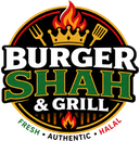 Burger Shah & Grill logo with crown, fork and spatula, flames, and fresh authentic halal text