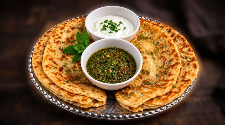 Two naan breads on a platter with two bowls of green chutney and raita