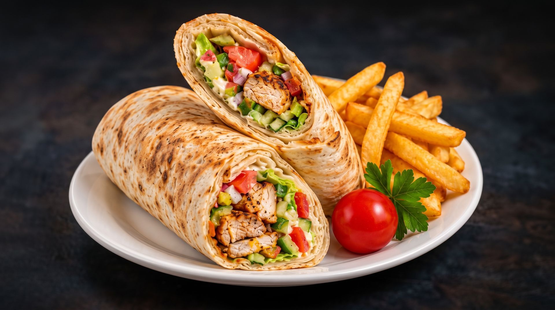 Wrap sandwich halves with fries and a cherry tomato on a white plate