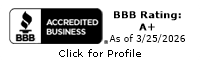 BBB Accredited Business badge with “BBB Rating: A+ as of 3/25/2026” and “Click for Profile” text