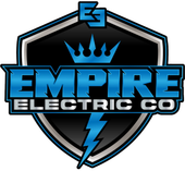 Logo for Empire Electric Co: blue and black shield with text, crown, and lightning bolt.
