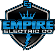 Logo for Empire Electric Co: blue and black shield with text, crown, and lightning bolt.