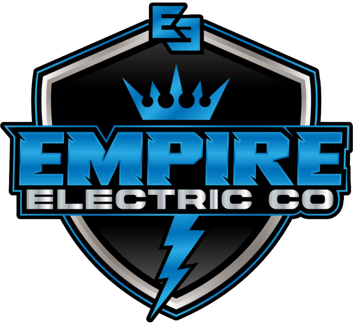 Logo for Empire Electric Co: blue and black shield with text, crown, and lightning bolt.