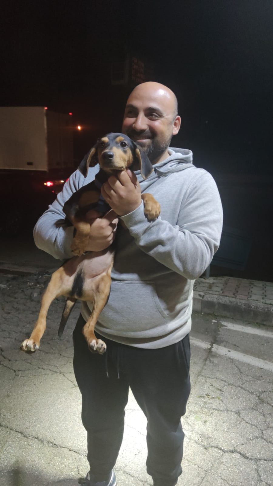 ragazzo con cane in braccio dopo il trasporto