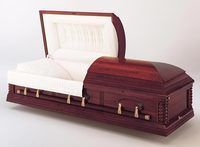 a wooden casket with the lid open