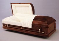 a wooden casket with the lid open