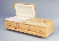 a wooden casket with the lid open 