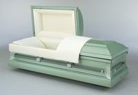 a silver casket with a flag inside of it .