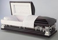 a coffin with the lid open is sitting on a white surface .