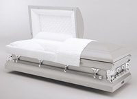 a silver coffin with the lid open is sitting on a table .