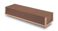 a brown casket with a wooden frame on a white background .