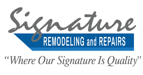 Logo for Signature Remodeling and Repairs: gray script over blue rectangle with text "REMODELING & DESIGN" and tagline "Where Our Signature Is Quality".