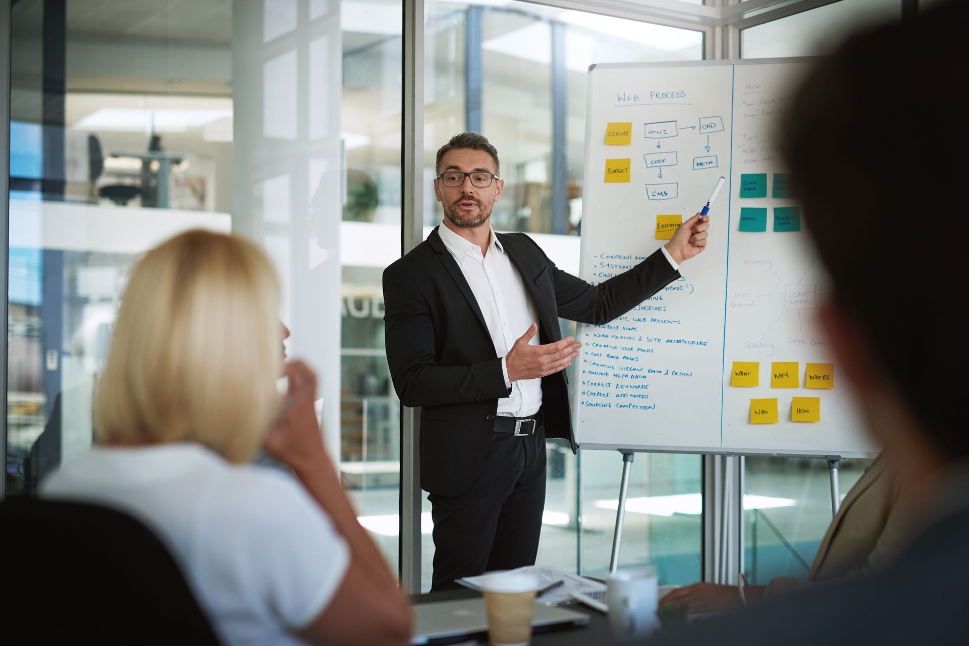 Business presenter speaking beside a whiteboard in a bright conference room, with two audience members in foreground