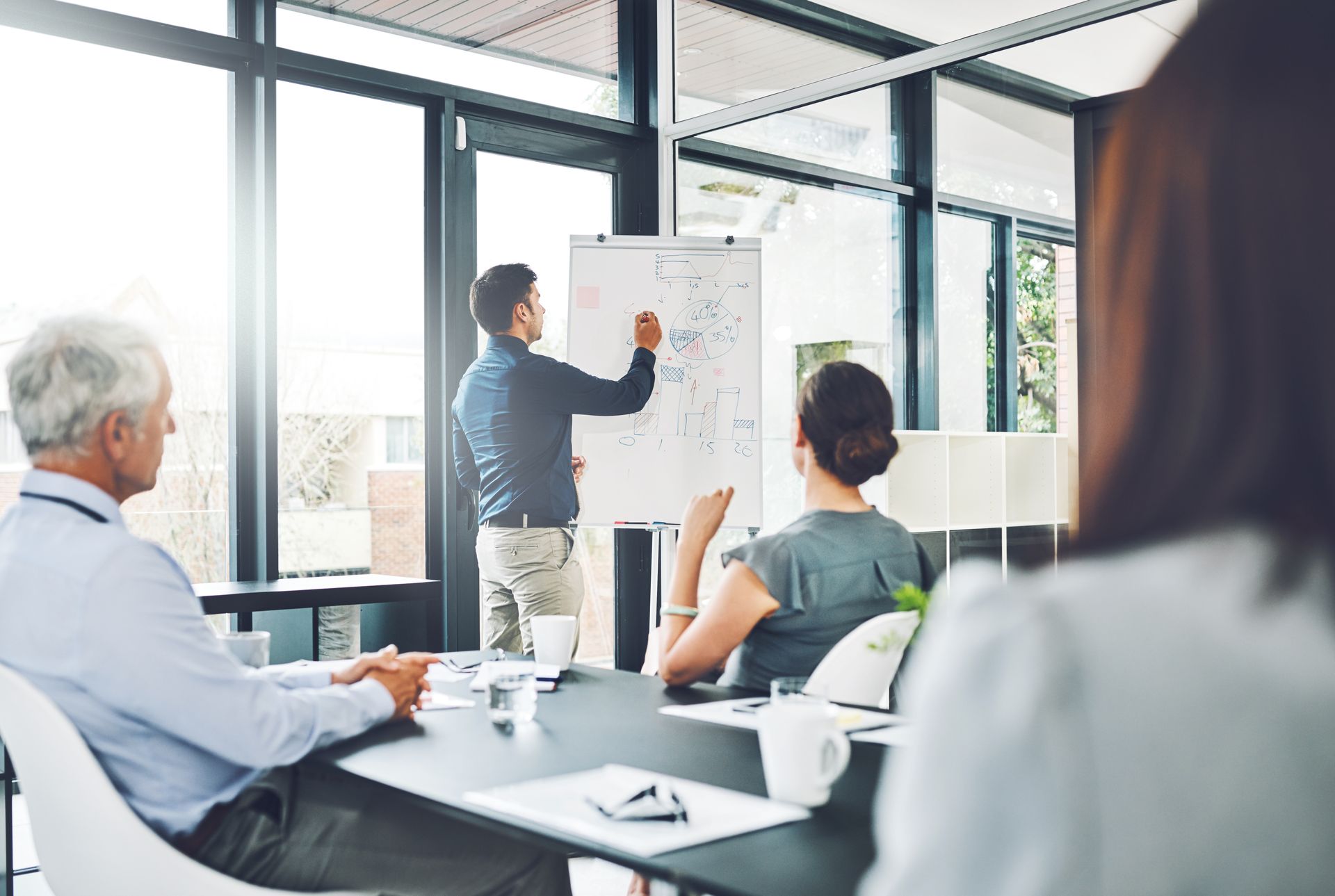 Business meeting in a bright office, with a presenter writing on a whiteboard while others listen.