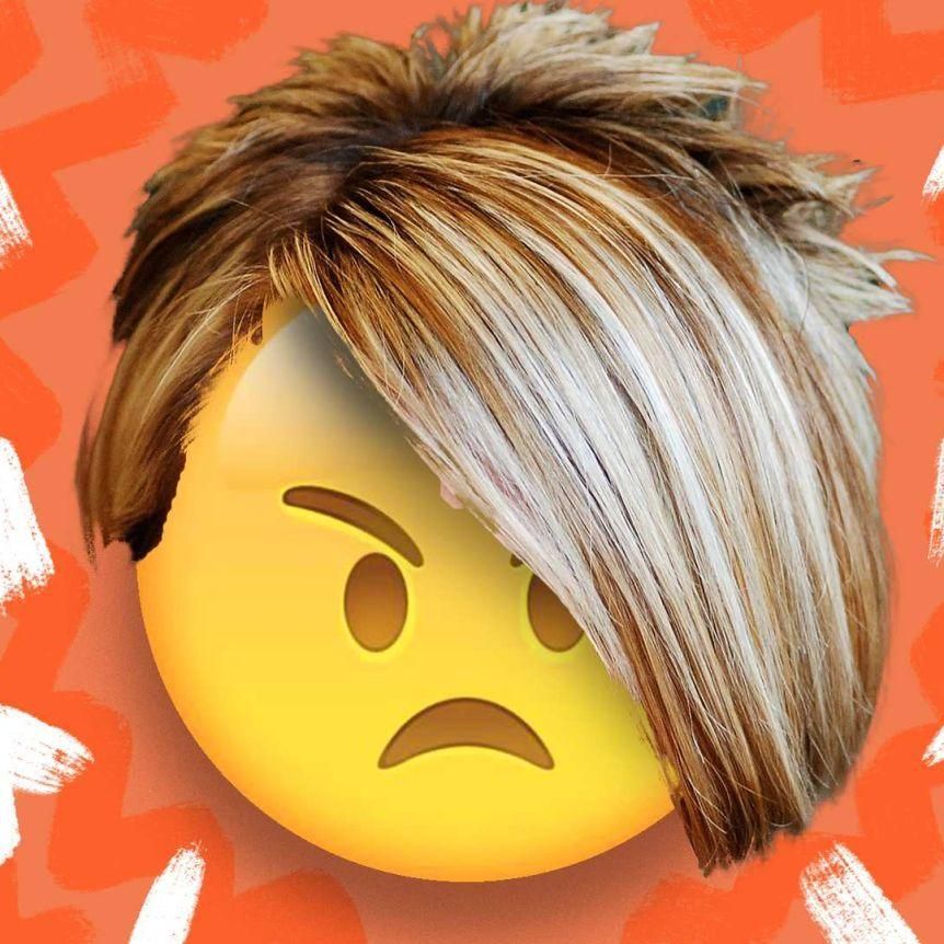 Sad emoji with blond spiky hair on an orange background