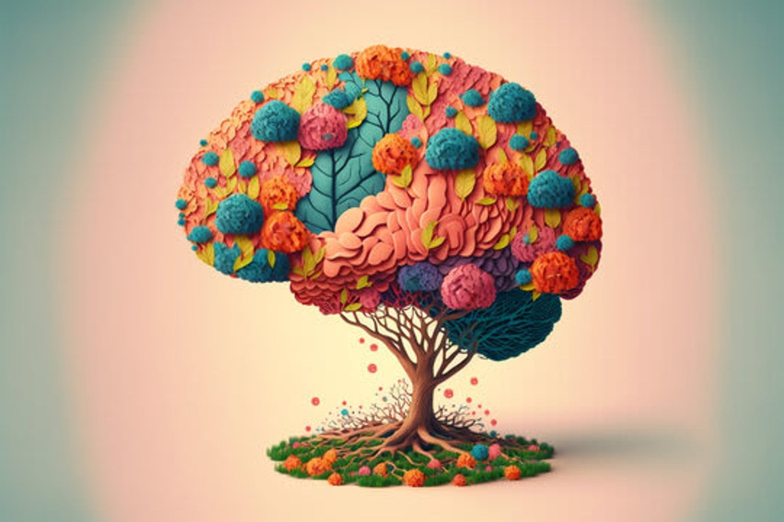Abstract tree with a brain-shaped, colorful canopy on a soft pink background