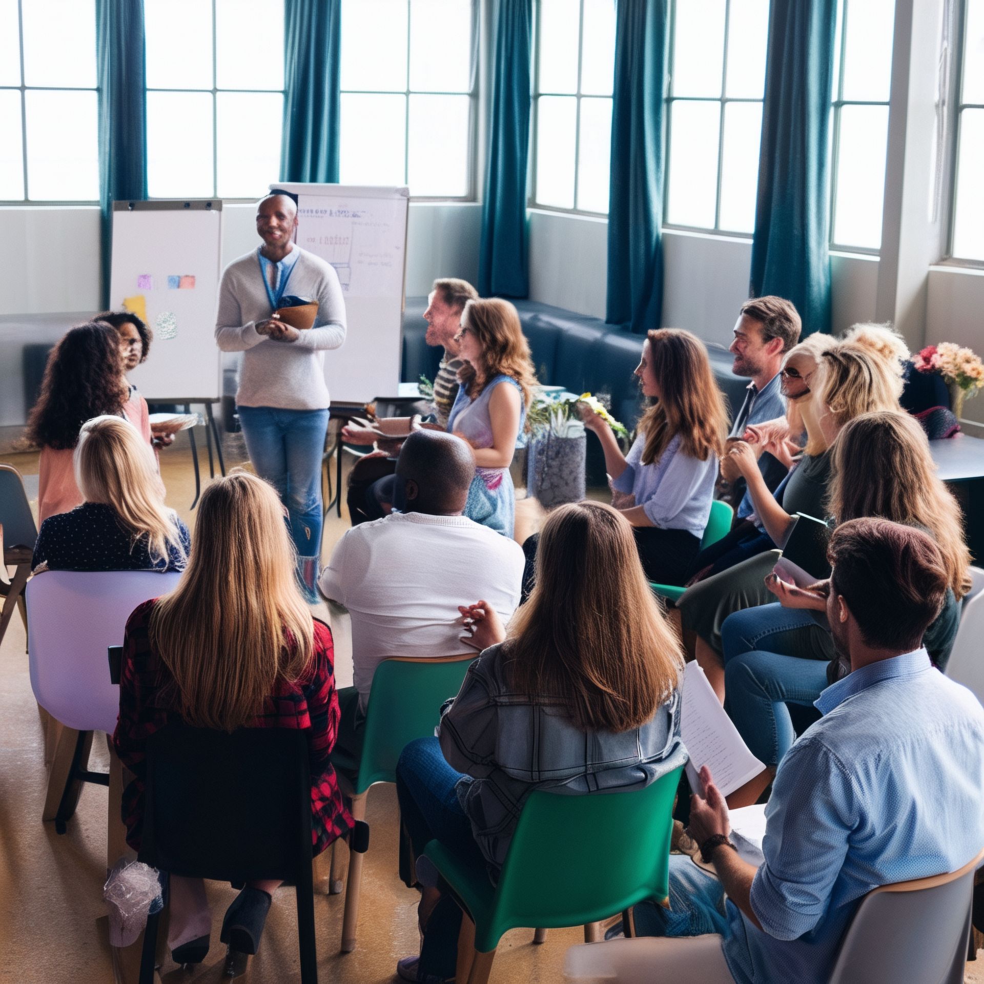 Group meeting in a bright room, with a presenter speaking to seated attendees around a whiteboard.