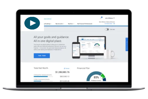 Laptop displaying a financial website with charts, graphics, and mobile and desktop device mockups.