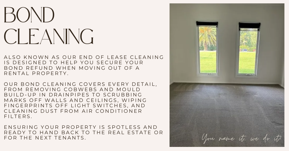 A room with two windows and the words bond cleaning on it
