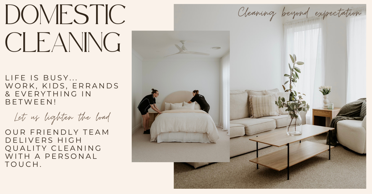 A poster for domestic cleaning shows a bedroom and living room.
