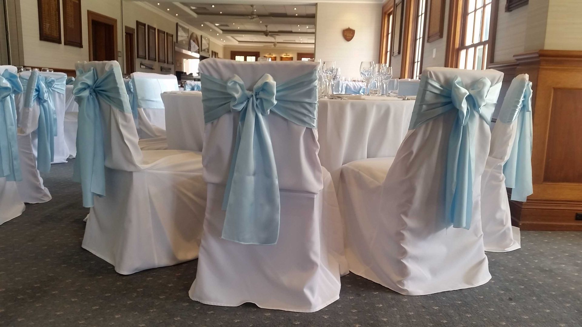 Light Blue Fitted Chaircovers — Sydney, NSW — Affordable Chair Covers & Candelabras