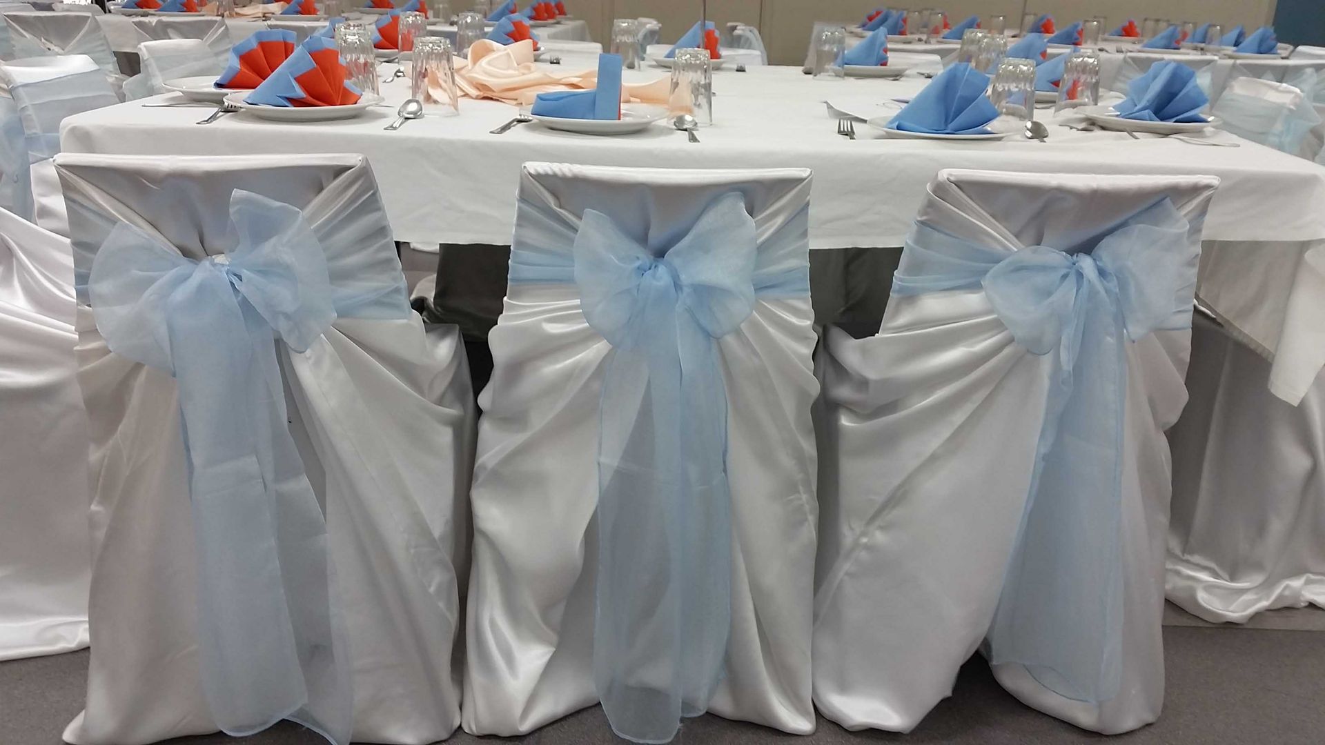 Light Blue Organza Sashes — Sydney, NSW — Affordable Chair Covers & Candelabras