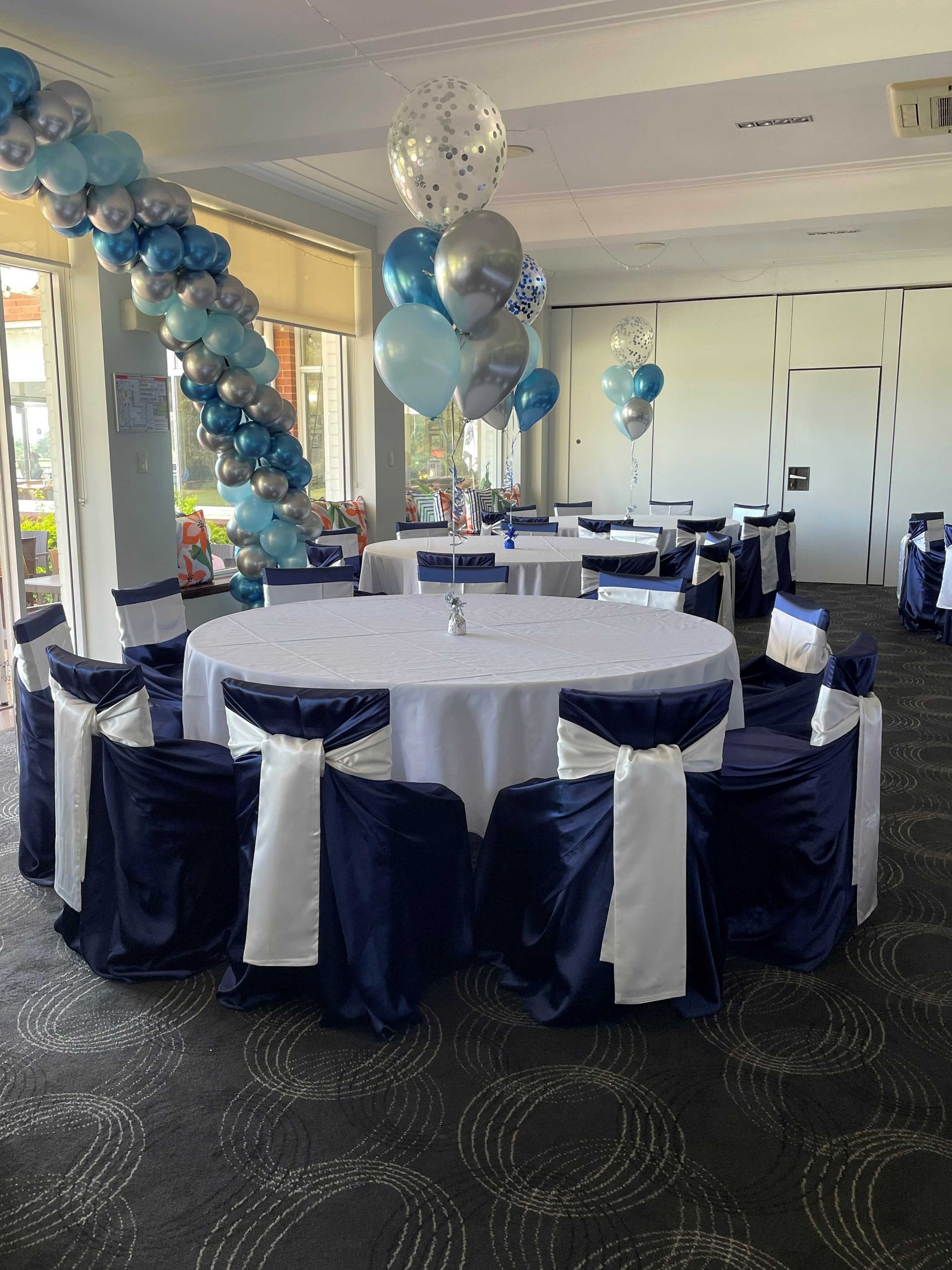 Blue Tie Back Chairs Design — Sydney, NSW — Affordable Chair Covers & Candelabras
