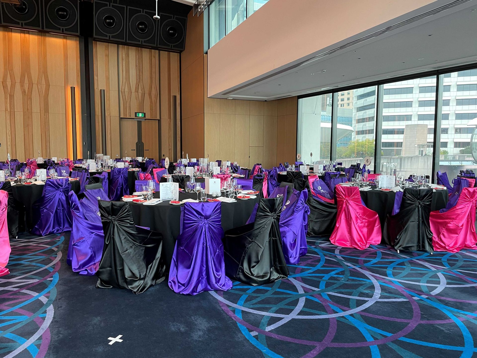 Elegant Pink and Violet Tie Back Chairs — Sydney, NSW — Affordable Chair Covers & Candelabras