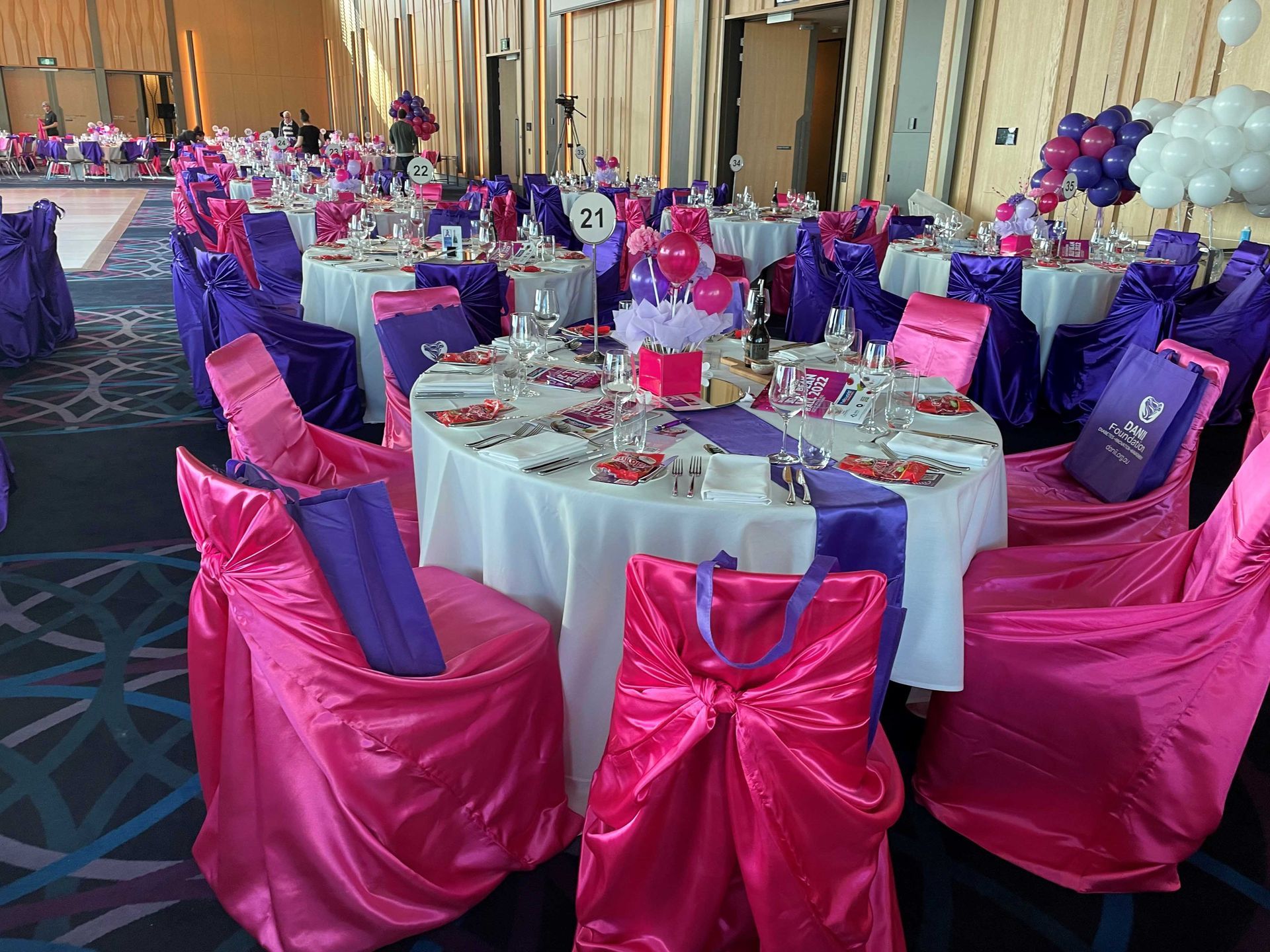 Pink and Violet Tie Back Chairs — Sydney, NSW — Affordable Chair Covers & Candelabras